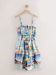 أزرق طباعة - فستان قصير بحمَّالات برقبة مربعة وجزء عُلوي مُجمّع - صورة 1 من 3