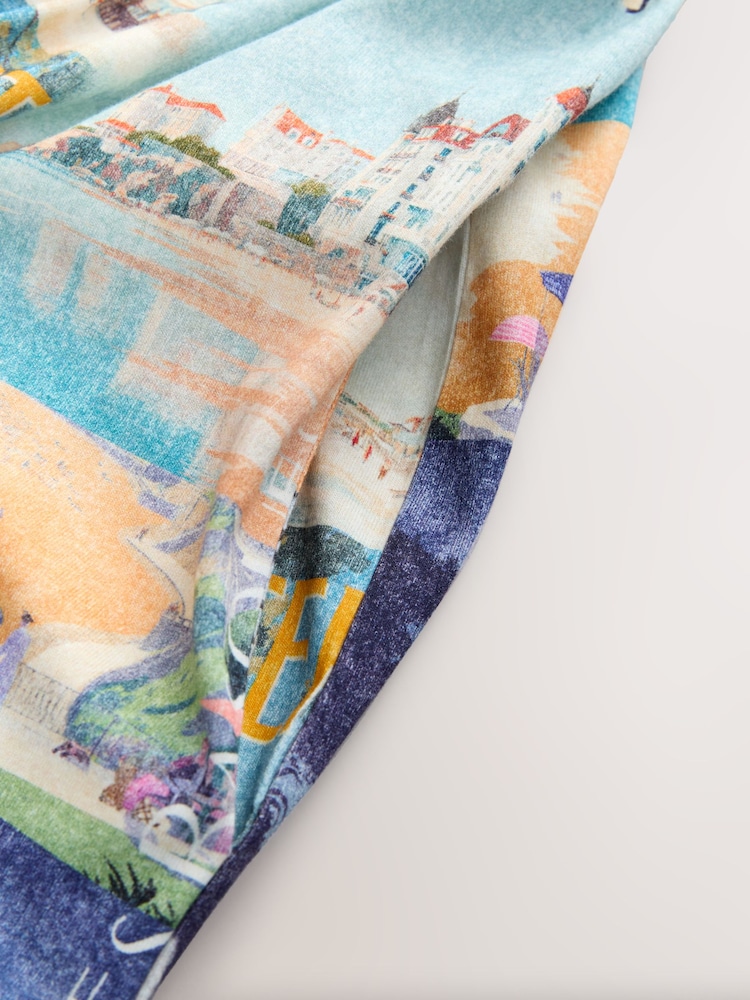 Blue Landscape Print Square Neck Shirred Strappy Mini Dress - Image 8 of 8 Blue Landscape Print Square Neck Shirred Strappy Mini Dress - Image 8 of 8