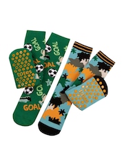 Totes Green Tosties Kids Original Slipper Socks Two Pack - Image 2 of 4