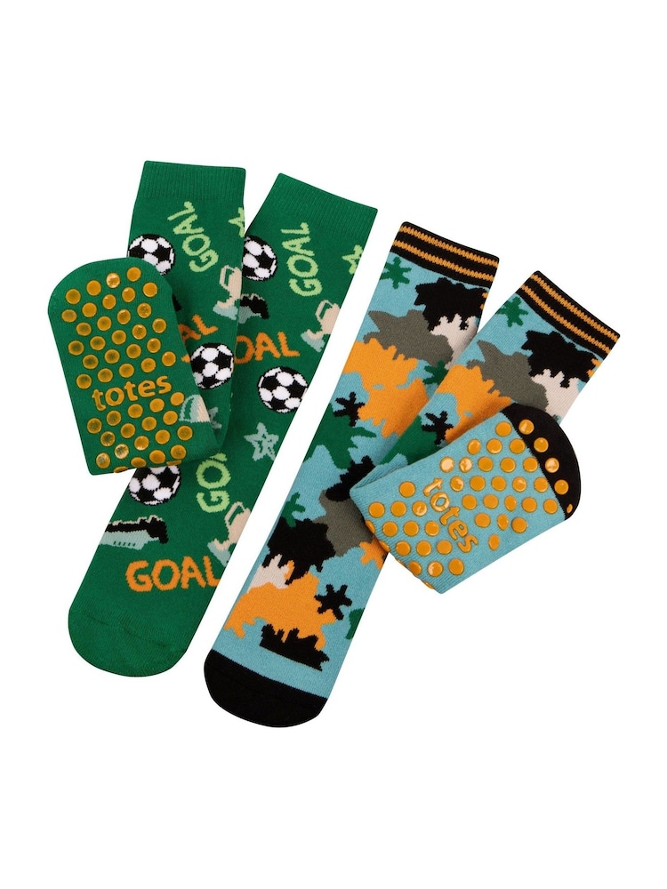 Totes Green Tosties Kids Original Slipper Socks Two Pack - Image 2 of 4 Totes Green Tosties Kids Original Slipper Socks Two Pack - Image 2 of 4