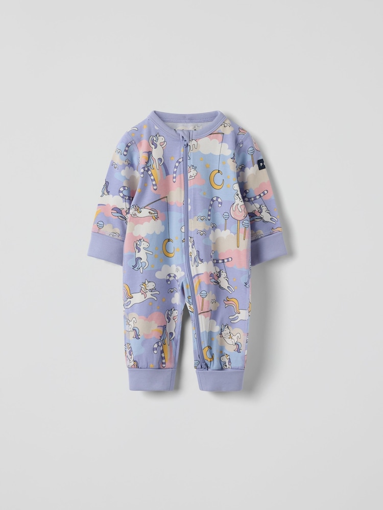 Polarn O. Pyret Purple Unicorn Print Sleepsuit - Image 1 of 3 Polarn O. Pyret Purple Unicorn Print Sleepsuit - Image 1 of 3