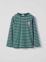 Polarn O. Pyret Green Cotton Striped Rocket Applique Top - Image 1 of 3