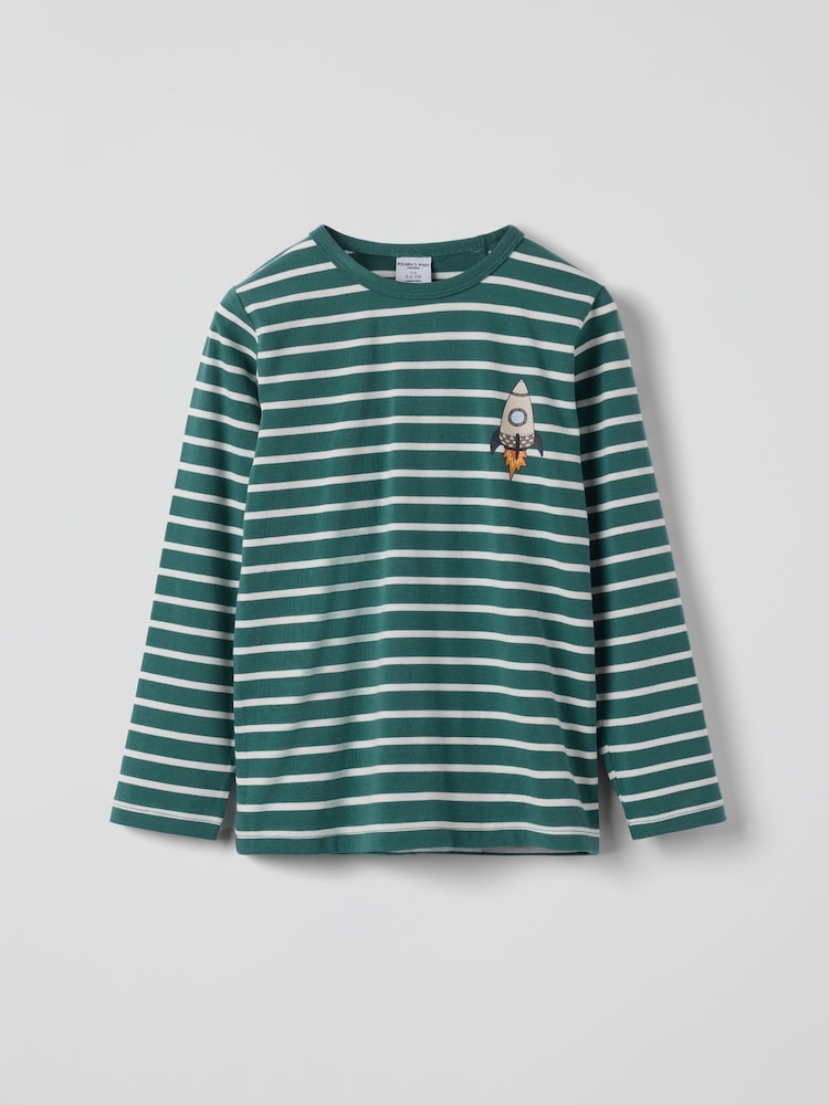 Polarn O. Pyret Green Cotton Striped Rocket Applique Top - Image 1 of 3 Polarn O. Pyret Green Cotton Striped Rocket Applique Top - Image 1 of 3
