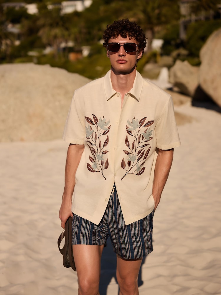 Navy Blue Printed Seersucker Stripe 5" Swim Shorts - Image 2 of 10