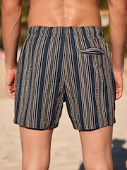 Navy Blue Printed Seersucker Stripe 5" Swim Shorts - Image 3 of 10