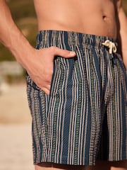 Navy Blue Printed Seersucker Stripe 5" Swim Shorts - Image 4 of 10