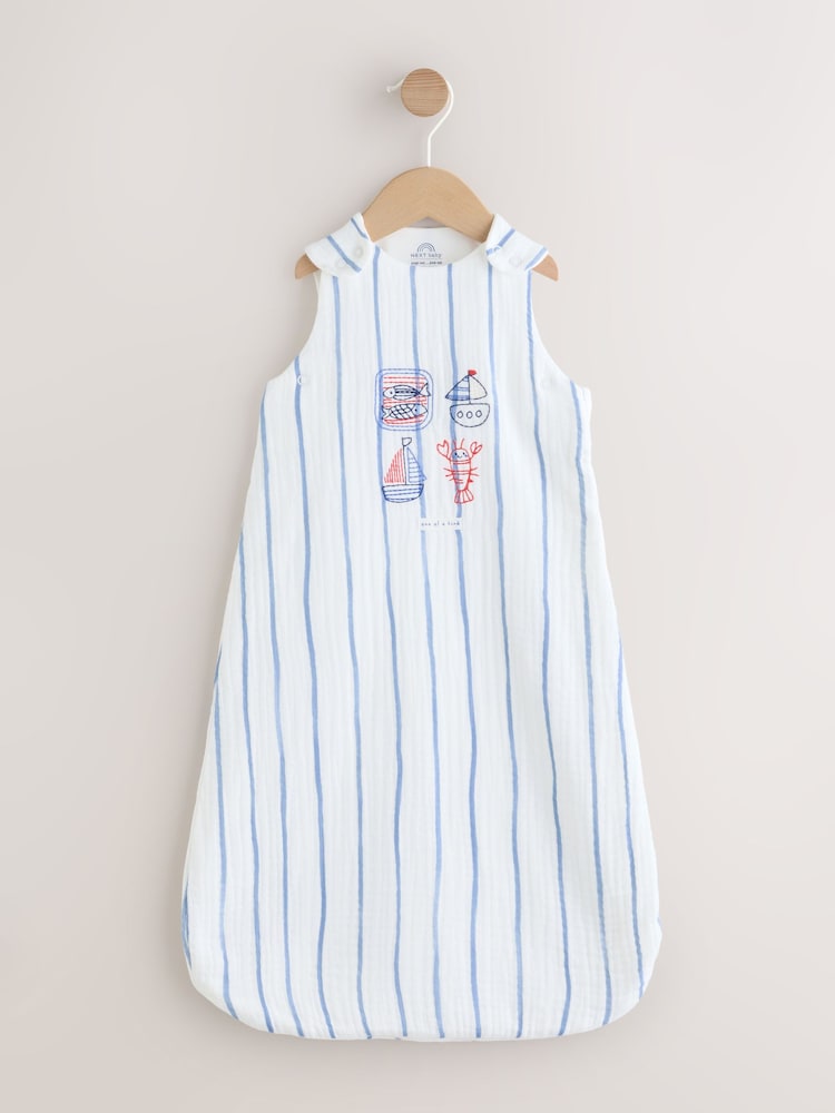 Blue Stripe Embroidered Muslin 1 Tog Sleeveless Baby Sleep Bag - Image 1 of 7