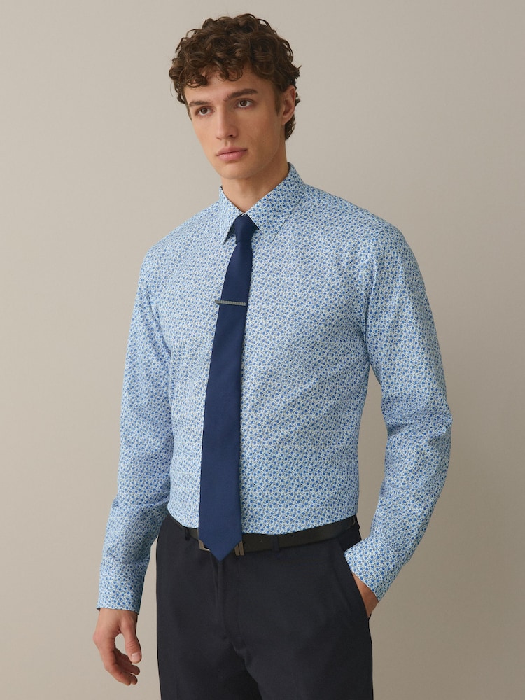 Ditsy/Navy Blue Regular Fit Cotton Floral Printed Shirt Tie and Tie Clip Set - Image 1 of 9