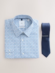 Ditsy/Navy Blue Regular Fit Cotton Floral Printed Shirt Tie and Tie Clip Set - Image 7 of 9