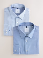 Blue & White Stripe Regular Fit Single Cuff Easy Care Smart Shirts 2 Pack - Image 1 of 10