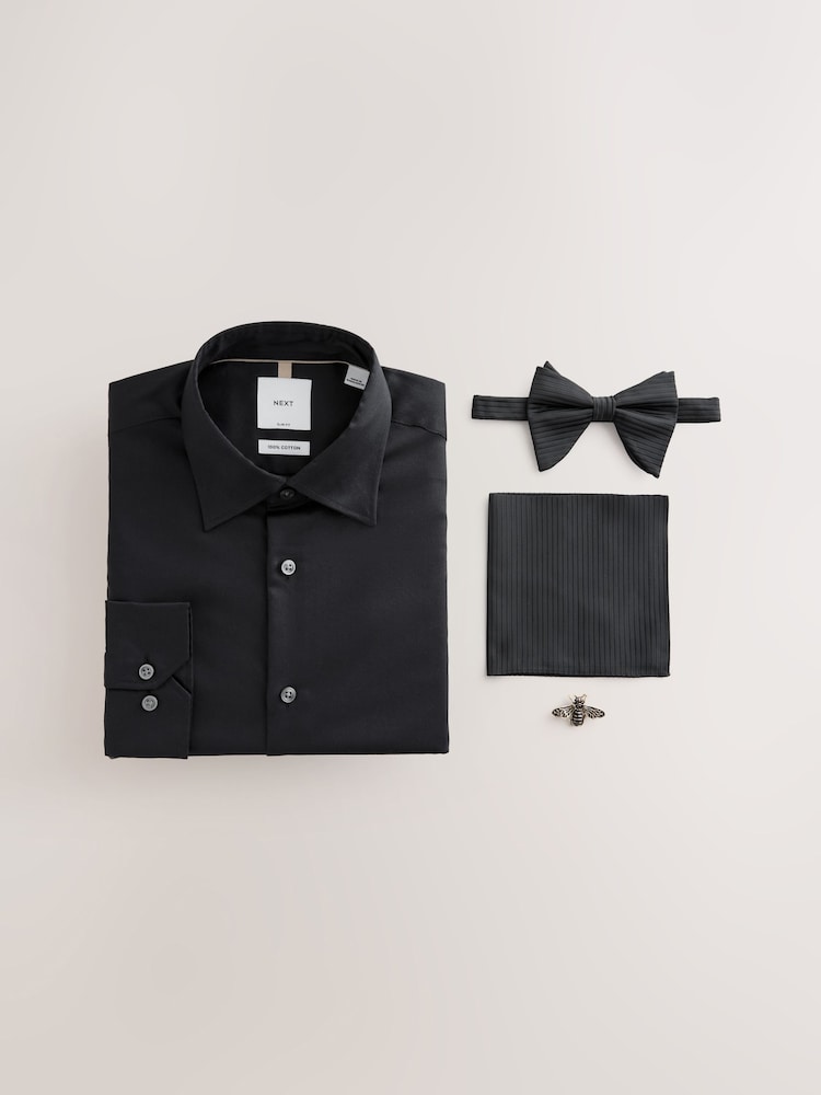黑色缎纹/黑色 - 场合 100% 棉衬衫、领带、口袋巾和胸针套装 - 8的图像1｝