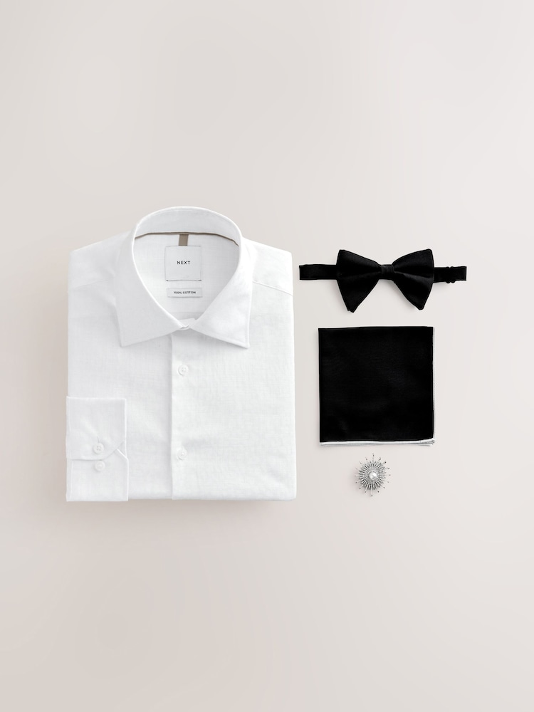 白豹/白色蝴蝶结 - 场合 100% 棉衬衫、领带、口袋巾和胸针套装 - 9的图像1｝