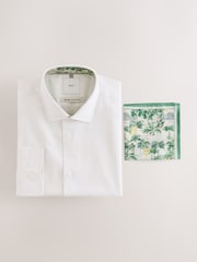 White/ Neutral Brown Botanical Cotton Linen Blend Shirt and Kew Garden Pocket Square Occasion Set - Image 1 of 10