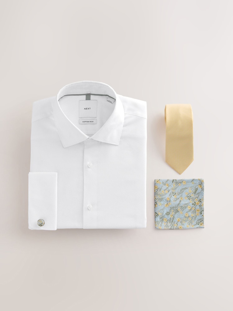 White/Yellow Slim Fit Cotton Rich Shirt, Tie, Pocket Square and Cufflink Occassion Set - Image 1 of 9