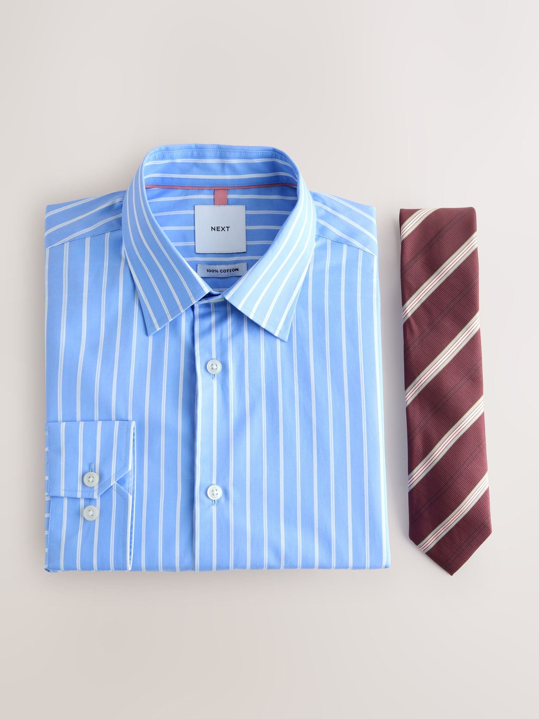 Buy Blue Stripe/Burgundy Red Slim Fit Cotton Shirt and Tie Set