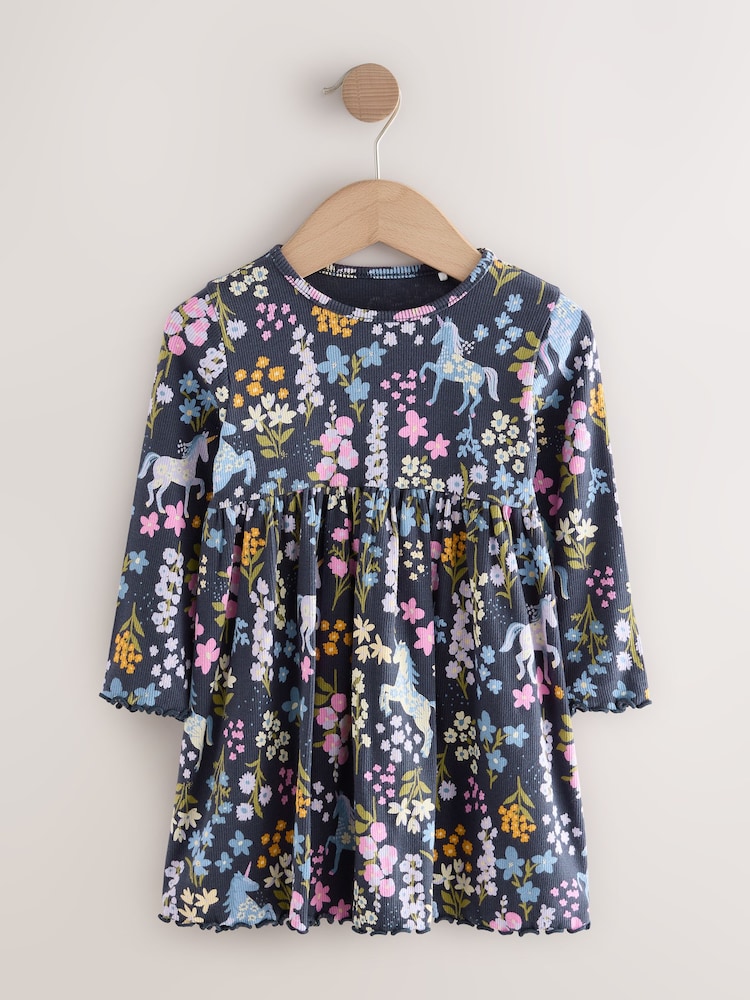 Navy Unicorn Long Sleeve Ribbed Dress (3mths-7yrs) - Image 1 of 4