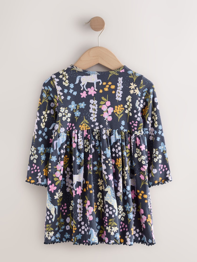 Navy Unicorn Long Sleeve Ribbed Dress (3mths-7yrs) - Image 2 of 4