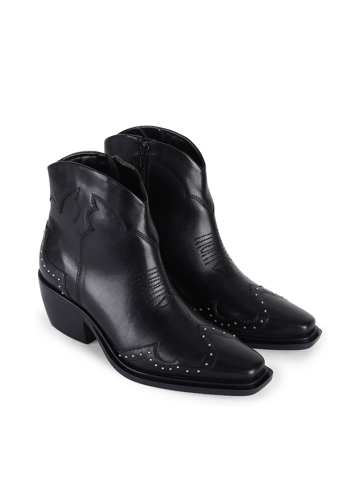 Off The Hook Black Grange Western Block Heel Leather Ankle Boots - Image 2 of 6
