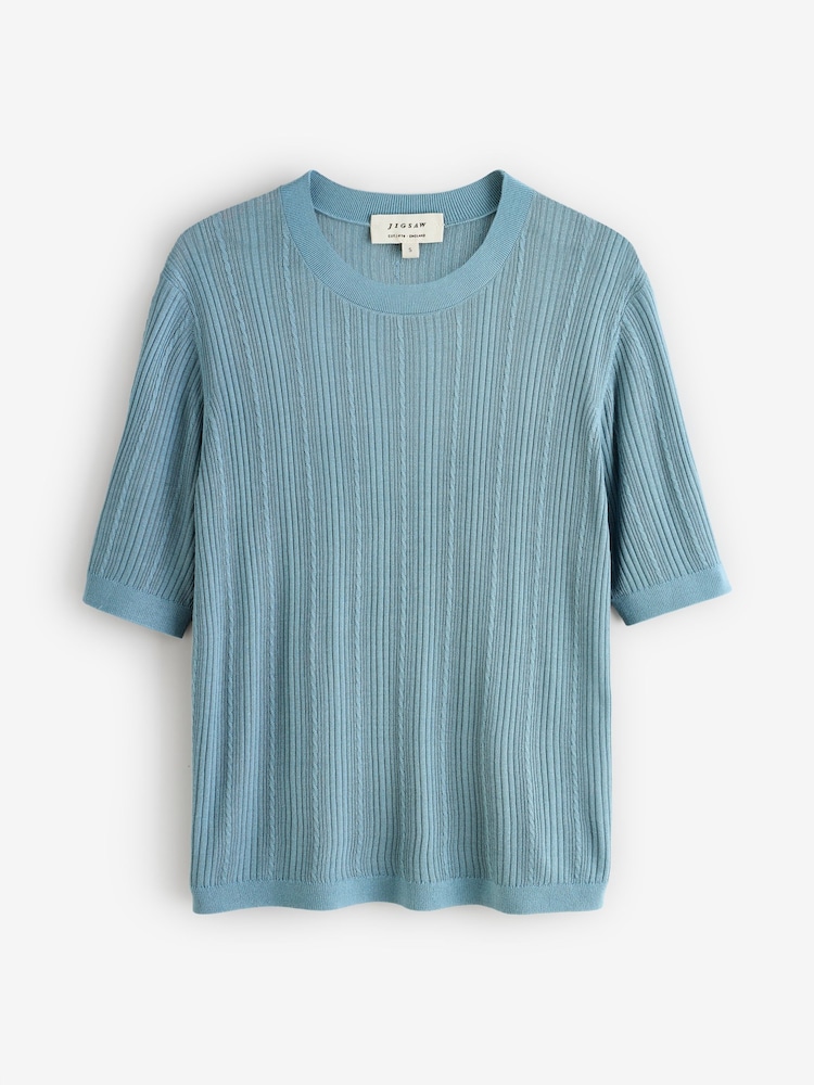 Jigsaw Blue Fine Pointelle Cable T-Shirt - Image 1 of 1 Jigsaw Blue Fine Pointelle Cable T-Shirt - Image 1 of 1