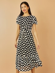 Yumi Black Velvet Spot Print Twist Knot Waist Midi Dress - Image 1 of 5