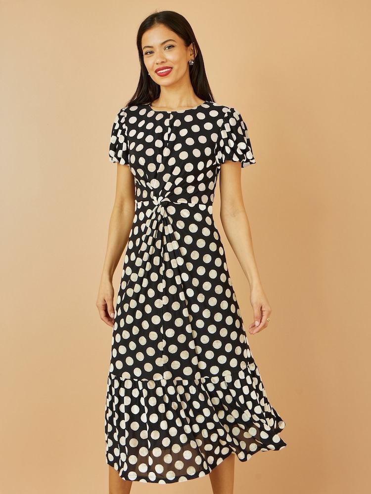 Yumi Black Velvet Spot Print Twist Knot Waist Midi Dress - Image 1 of 5