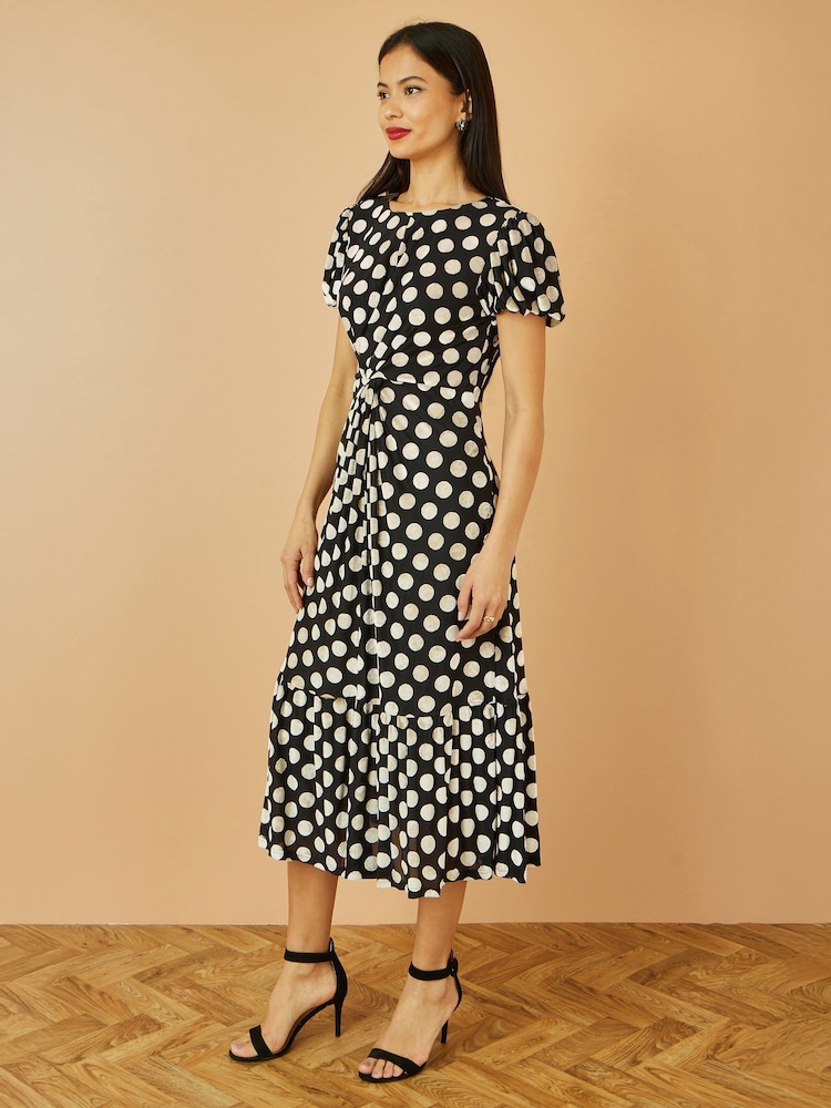 Yumi Black Velvet Spot Print Twist Knot Waist Midi Dress - Image 2 of 5