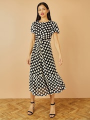Yumi Black Velvet Spot Print Twist Knot Waist Midi Dress - Image 4 of 5