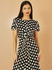 Yumi Black Velvet Spot Print Twist Knot Waist Midi Dress - Image 5 of 5