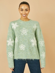 Yumi Green Relaxed Knitted Jumper With Crochet Flowers - Image 1 of 5