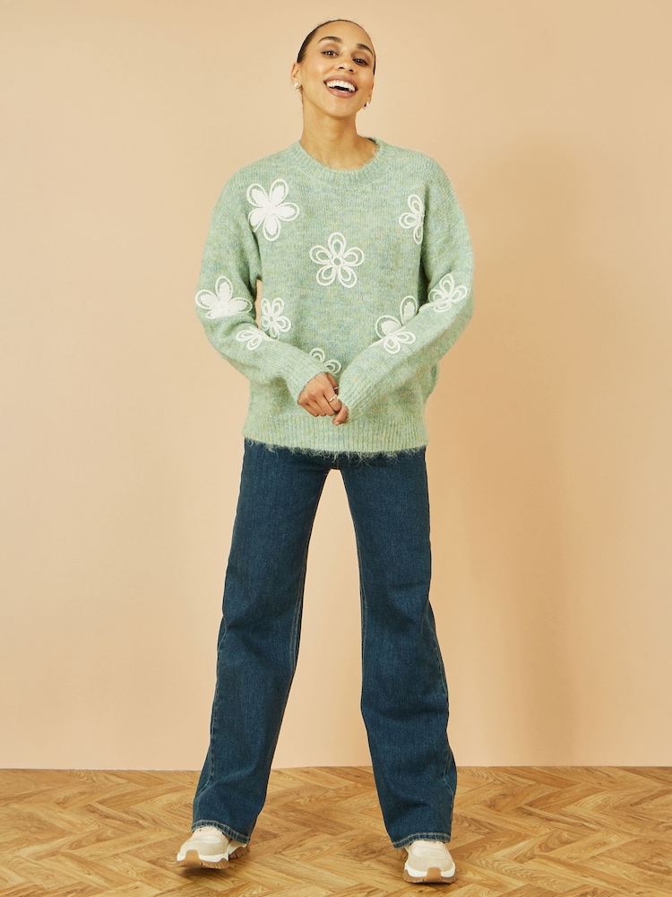 Yumi Green Relaxed Knitted Jumper With Crochet Flowers - Image 2 of 5
