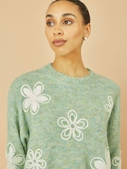 Yumi Green Relaxed Knitted Jumper With Crochet Flowers - Image 3 of 5