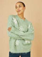 Yumi Green Relaxed Knitted Jumper With Crochet Flowers - Image 5 of 5