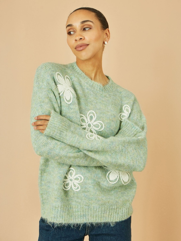 Yumi Green Relaxed Knitted Jumper With Crochet Flowers - Image 5 of 5