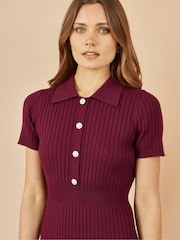 Yumi Red Fitted Rib Knitted Midi Dress With Daisy Buttons - Image 3 of 5