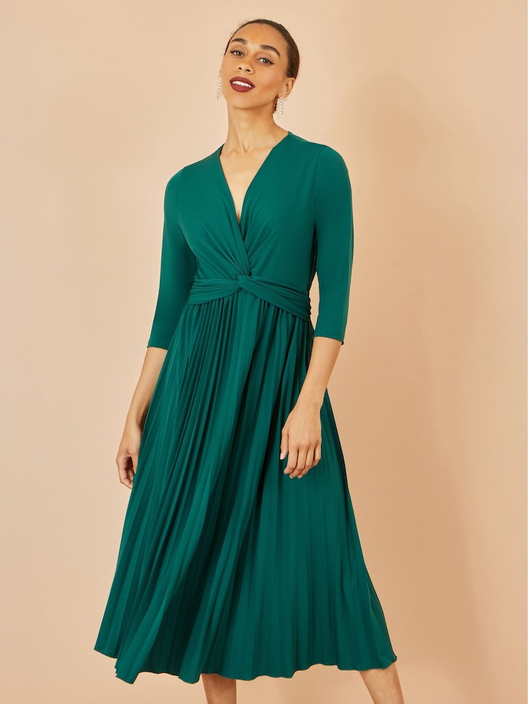 Yumi Green Jersey Knot Waist Pleated Midi Dress - Image 1 of 5