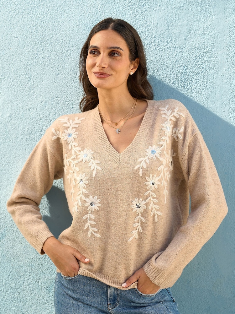 Yumi Natural Relaxed Floral Embroidered V-Neck Knitted Jumper - Image 1 of 5