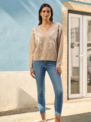 Yumi Natural Relaxed Floral Embroidered V-Neck Knitted Jumper - Image 2 of 5