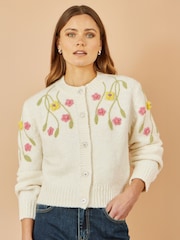 Yumi Cream Flower Embroidered Chunky Knit Cardigan - Image 1 of 4