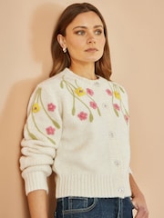 Yumi Cream Flower Embroidered Chunky Knit Cardigan - Image 2 of 4
