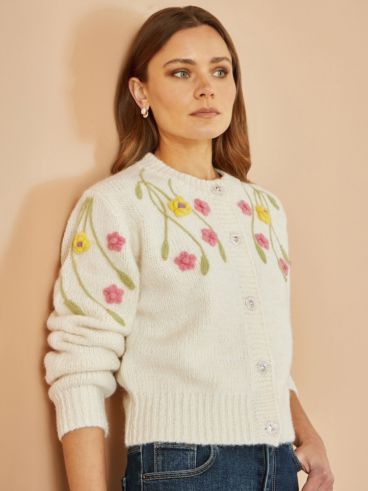 Yumi Cream Flower Embroidered Chunky Knit Cardigan - Image 2 of 4