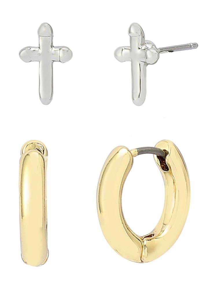 AllSaints Gold Tone Cross & Huggie Hoop Duo Earrings Set - Image 1 of 4 AllSaints Gold Tone Cross & Huggie Hoop Duo Earrings Set - Image 1 of 4