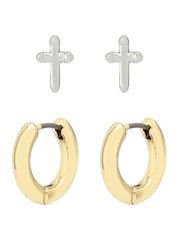 AllSaints Gold Tone Cross & Huggie Hoop Duo Earrings Set - Image 2 of 4