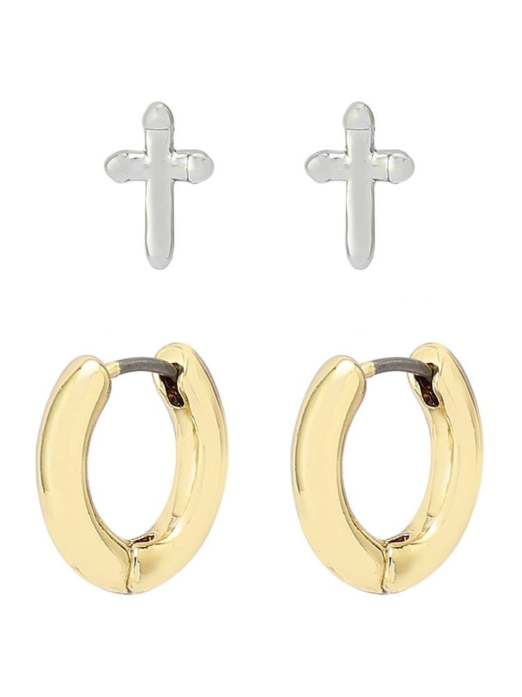 AllSaints Gold Tone Cross & Huggie Hoop Duo Earrings Set - Image 2 of 4 AllSaints Gold Tone Cross & Huggie Hoop Duo Earrings Set - Image 2 of 4