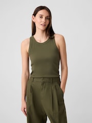 Gap Khaki Green Ribbed Racer High Neck Vest Top - Image 1 of 4