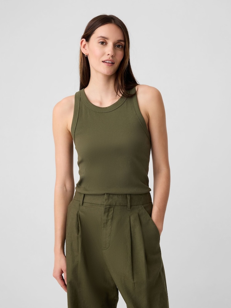 Gap Khaki Green Ribbed Racer High Neck Vest Top - Image 1 of 4