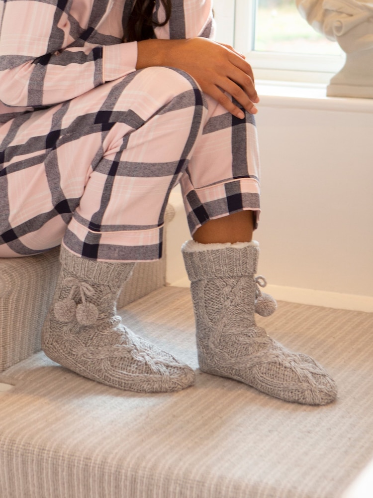Pour Moi Grey Cosy Cable Knit Lined Slippers Socks - Image 1 of 3