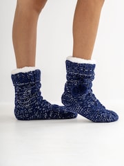Pour Moi Blue Cosy Cable Knit Lined Slippers Socks - Image 2 of 4