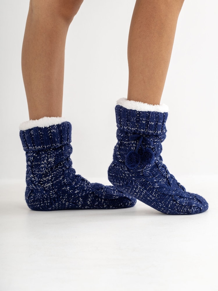 Pour Moi Blue Cosy Cable Knit Lined Slippers Socks - Image 2 of 4