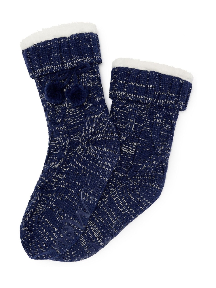 Pour Moi Blue Cosy Cable Knit Lined Slippers Socks - Image 4 of 4