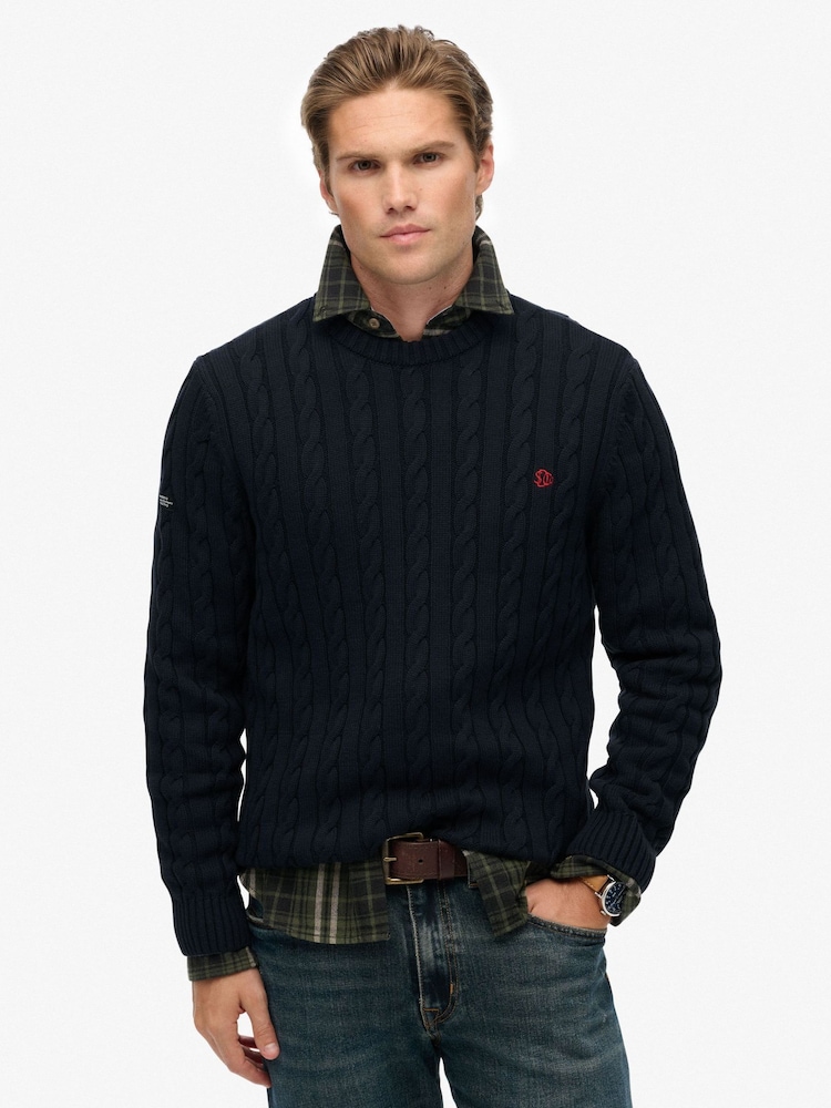Superdry Blue Cotton Cable Knit Crew Jumper - Image 1 of 5